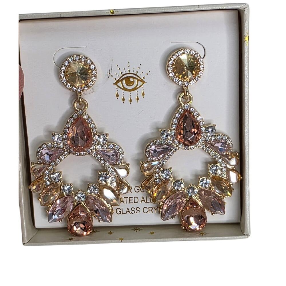 Eye Candy 14K Gold Plated Alloy Pink Glass Crystal Bling Dandle Ear Rings